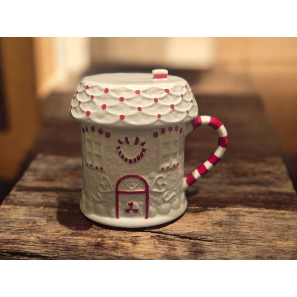 New Holiday Frosted Christmas House W/ Candy Cane Handle Coffee Tea Mug W/ Lid